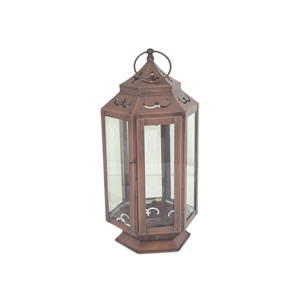 Lanterne à bougie suspendue en métal blanc vieilli, grande, avec toit pyramidal, anneau en verre bleu teinté et poignée, pour décoration de table - Product Image 4