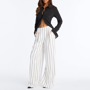 Nouvel Arrivage – Pantalon Décontracté Femme Taille Haute Rayé Ample en Crêpe avec Poches, Coupe Ample et Longueur Intégrale, Idéal Printemps - Product Image 4