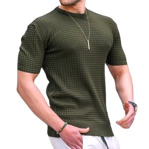 T-shirt à manches courtes en tricot vert olive pour homme, col rond, coupe ajustée, vêtement décontracté, couleur unie - Product Image 1