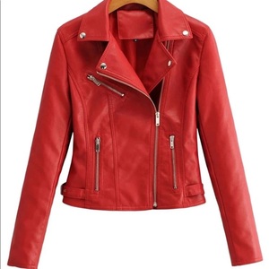 Women's Red PU Leather Moto <b>Jacket</b> Full Sleeve Zipper Stand Collar Autumn Style - Product Image 1