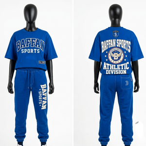 Conjunto de camiseta y pantalón deportivo de algodón premium de 180 GSM, color azul real, con estampado de logotipo personalizado, ropa urbana para mujer. - Product Image 3