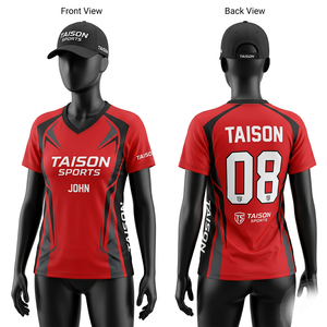 เสื้อเจอร์ซีย์ผ้าโพลีเอสเตอร์อินเตอร์ล็อค 150 GSM สีแดง ดำ เทา แถบข้างสีเทา พิมพ์ลายแบบซับลิเมชั่น โลโก้ ชื่อ และหมายเลขตามสั่ง - Product Image 1