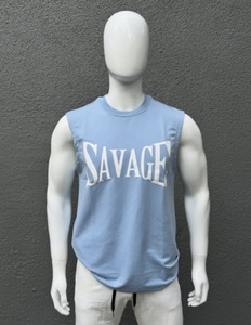 <b>Savage</b> <b>Men's</b> Sleeveless Tank Top Light Blue O-Neck Casual Muscle Shirt Plus Size Cotton Printed Front Letter Design - Product Image 3