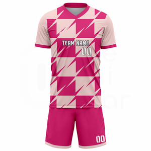 Custom Soccer Jersey Set Pink Geometric Print V-Neck Short Sleeve Breathable Polyester Unisex Adult Teamwear Uniform - Product Image 1