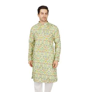 <b>Men's</b> Ethnic Kurta <b>Pajama</b> Set-Yellow Traditional Printed Embroidered Dola <b>Silk</b> with Dola <b>Silk</b> Embroidery - Product Image 5