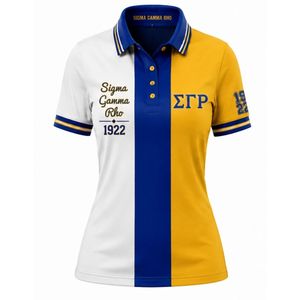 Camiseta Polo Color Block para Mujer Sigma Gamma Rho, Azul Rey y Dorado, con 3 Paneles Bordados con Letras Griegas, Ropa Casual de Moda para Hermandades - Product Image 1