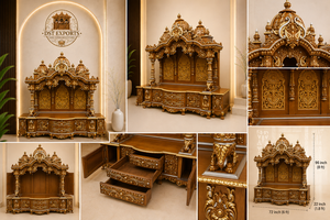 Mandir de Pooja de Madera de Gran Tamaño con Acabado Dorado Antiguo, Templo de Pooja Tradicional de Madera de Teca Tallada a Mano con Santuario Interior, EE. UU. - Product Image 5
