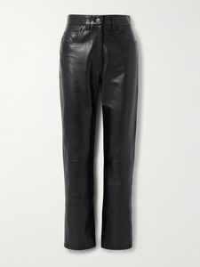 Men's High Waist Black Leather Straight Leg Pants With Button Fly Smart Casual Autumn Wear - Product Image 4