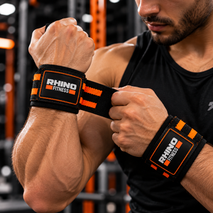 ผ้าพันข้อมือยกน้ำหนัก Rhino Fitness สีดำส้ม ทำจากผ้าฝ้าย พร้อมห่วงนิ้วโป้ง สำหรับมือซ้าย - Product Image 2