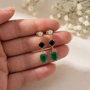 Elegant Emerald Rectangle Black Obsidian <b>Earrings</b> CZ Accent Gemstone Drop <b>Stud</b> Dangle Minimalist Fine Jewelry Gift For Women - Product Image 6