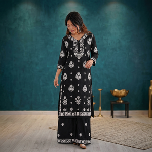 ชุดคุर्ติปักลายขาวดำทรงหลวมสไตล์พื้นเมืองสำหรับผู้หญิงใส่ลำลอง - Product Image 5