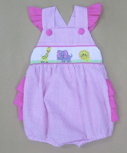 Robe trapèze pour filles, imprimé animal brodé à la main - 100% coton, style vintage, respirante, rayures en seersucker rose - Product Image 2