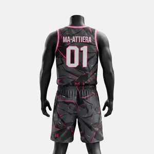 Ensemble de maillot et short de basketball pour hommes Ma-Attiera, noir et rose, respirant, 100% polyester, impression numérique, uniforme sportif d'équipe - Product Image 2
