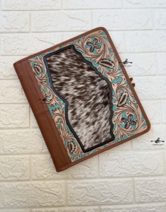 Hot Sale Cowhide Hand Tooled Zipper Lock Business Portfolio Binder Manufacture Vintage Document <b>Folder</b> With <b>Card</b> Holder - Product Image 4
