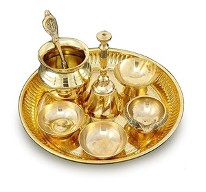 Durable Brass Pooja Thali Set Antique Style Puja Plate with Diya Bell Kalash <b>Mandir</b> Decor - Product Image 5