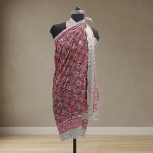 Pareo de Algodón Estampado a Mano con Flores Rosas y Borde Blanco, Ligero, Estilo Indio, para Mujer, Ropa de Playa y Resort - Product Image 4