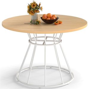 47\" Natural Round Dining Table for 4-6 People Family Sized with Hourglass Metal Base and Curved <b>Tabletop</b> - Product Image 1