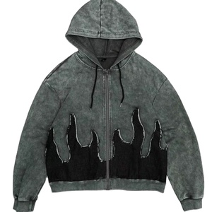 Sudadera con capucha vintage con cremallera lavada y detalle de puntada de llama negra, Sudadera con capucha desgastada en blanco de Terry francés de algodón para hombre, chaqueta con - Product Image 1