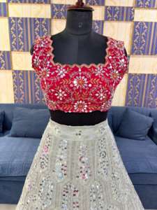 ชุดเลเฮนกาโชลีผ้าจอร์เจตต์คุณภาพพรีเมียม แฟชั่นฤดูร้อนสไตล์อินเดีย-ปากีสถาน ปักลายเลื่อม งานตัดเย็บประณีต ผ้าแคนแคน ผ้าปาตตา - Product Image 5