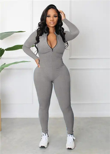 Combinaison moulante grise à manches longues et fermeture éclair sur le devant pour femme, taille haute, coupe ajustée, effet ventre plat, style streetwear - Product Image 1