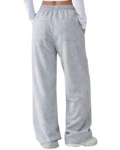 Pantalones Deportivos de Felpa para Mujer, Color Gris Claro, Pierna Ancha, Cintura Elástica con Cordón, Corte Holgado Informal, Mezcla de Algodón - Product Image 2