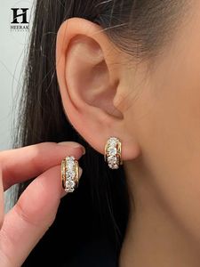 Custom 925 Sterling <b>Silver</b> Wide <b>Huggie</b> Earrings Elegant Thick Gold Plated 3-Stone Row Diamond J-Hoop Earrings Wholesale - Product Image 2