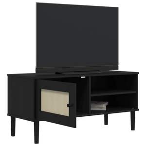 Mueble para TV de madera de pino maciza y madera de ingeniería en color negro con ratán sintético para sala de estar - Product Image 4