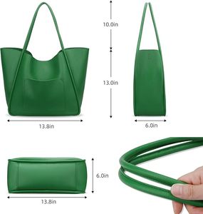 Green Genuine Leather Tote Bag Women Casual Minimalist Large Capacity Shoulder Strap Open <b>Top</b> Daily Use Handbag - Product Image 5