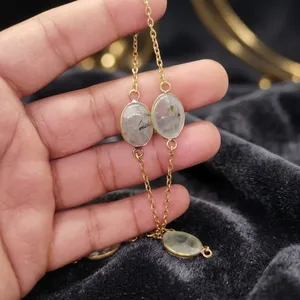 Collier en laiton serti de préhnite naturelle, pendentif en pierre précieuse fait main, bijoux en gros - Product Image 2