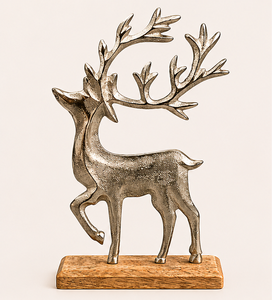 Luxury Antique Silver Reindeer Sculpture with Wooden Base Handcrafted Aluminum <b>Christmas</b> Deer Figurine For Festive Home Tabletop - Product Image 5