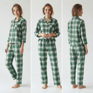 Ensemble de pyjama en flanelle pour femmes, t-shirt à manches longues à boutons et pantalon décontracté en coton à carreaux - Product Image 5