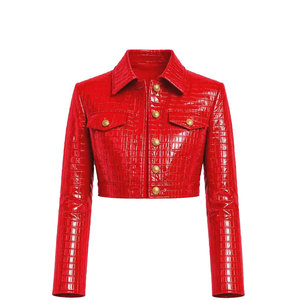 Veste en cuir rouge de style trucker avec motif croco embossé, manches longues, col rabattu, longueur courte, style hiver - Product Image 3