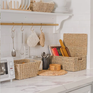 Panier de rangement en paille tressée naturelle et écologique avec couvercle pour salon et cuisine – Offre spéciale - Product Image 4