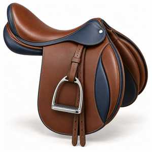 Silla de Montar Inglesa de Cuero Duradera para Escuelas y Clubes de Equitación, Silla de Montar Inglesa de Cuero Marrón y Azul Marino con Estribos - Product Image 1