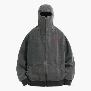 Sweat-shirt à capuche cagoule personnalisé vintage délavé à l'acide, entièrement zippé, masque de ski, coupe oversize, en coton épais, streetwear pour homme - Product Image 1