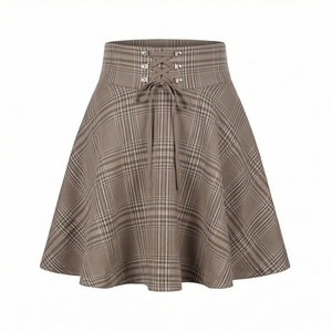 Minifalda a cuadros de cintura alta para mujer, estilo vintage con cordones, tela tejida, moda de otoño - Product Image 1