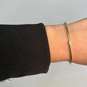 Classic Single Diamond Solitaire <b>Bangle</b> 14K 18K Solid Gold Prong <b>Set</b> Round Lab Grown Minimalist Modern Luxury Bracelet Wholesale - Product Image 4