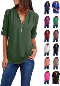 Fit <b>zipper</b> tunic blouse elegant lightweight three quarter sleeve plain spring autumn casual women <b>top</b> - Product Image 2