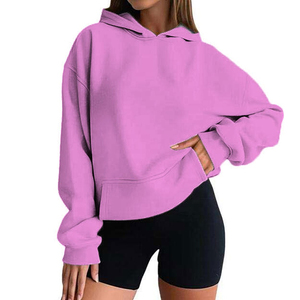 Women's Oversized Hooded <b>Sweatshirt</b> Solid Color Cotton Knitted Full Sleeve Breathable Casual Streetwear Short Length Pullover - Product Image 5