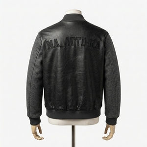 Chaqueta de Hombre de Cuero Negro con Mezcla de Lana, Cuello Acanalado, Botones a Presión, Manga Larga, Estilo Casual Urbano - Product Image 2