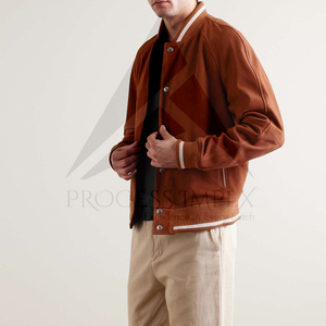 <b>Men's</b> Brown <b>Suede</b> Varsity <b>Jacket</b> Turn-down Collar Regular Fit Casual Autumn Wear Button Closure Solid Color - Product Image 2