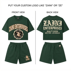 Ensemble T-shirt et short pour homme, coton molletonné premium 300 GSM, toucher doux, impression de logo personnalisée, vert, tenue décontractée en deux pièces, streetwear - Product Image 1