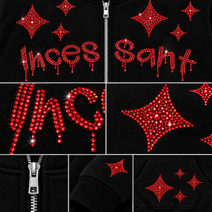 Sudadera con capucha personalizada para hombre, negra, con gráfico de diamantes de imitación, con cremallera, de algodón grueso, corte holgado, estilo urbano, con forro polar. - Product Image 6