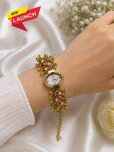 Traditional Antique Gold Plated Ethnic Bracelet Watch for Women and Girls Oval Dial Encircled with Sparkling White Stones - Product Image 3