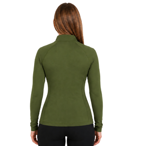 Haut de performance pour femme, vert olive, à manches longues, col zippé, extensible et respirant, pour l'équitation et l'entraînement équestre - Product Image 2