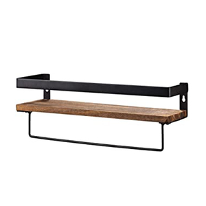 Étagère murale de salle de bain à double niveau en métal et bois avec barre porte-serviettes - Product Image 6