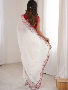 KV Women's Embroidered Silk Bollywood <b>Tissue</b> Saree with Unstitched Blouse (White) Quick Dry Stretchable <b>Wedding</b> - Product Image 3