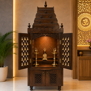 Handcrafted Teak Wood Pooja <b>Mandir</b> for Home Diwali Storage Cabinet with Temple Design Traditional Indian Prayer Unit - Product Image 1