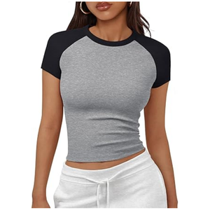 Gray And <b>Black</b> Raglan <b>Sleeve</b> <b>Crop</b> <b>Top</b> Women's Casual <b>Short</b> <b>Sleeve</b> Crew Neck Knitted Solid Color T-Shirt - Product Image 6