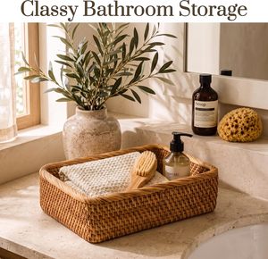 Set Rattan <b>Rectangular</b> Storage <b>Basket</b> Wicker Organizer <b>Baskets</b> for Kitchen Bathroom & Home Rattan Fruit and Vegetable <b>Basket</b> - Product Image 4
